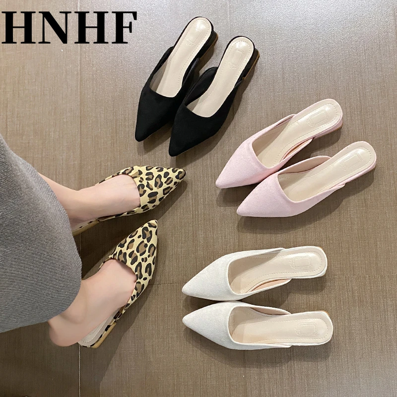 HNHF Women Leopard Mules Leather Pu Square Heel Slippers New Woman Luxury Designer PU Leather Slides Elegant Office Shoes