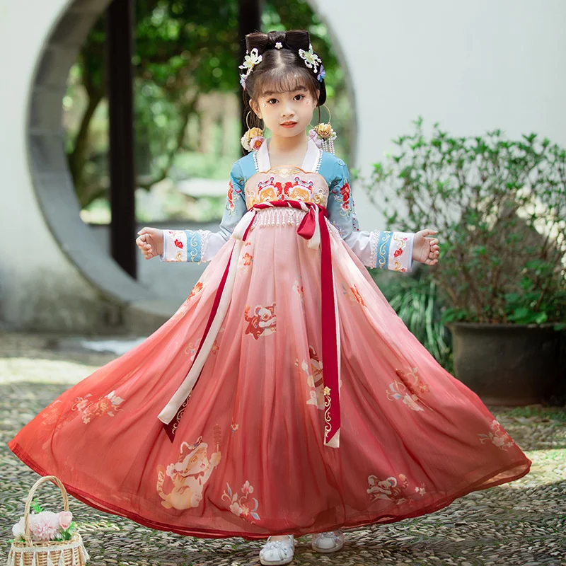 

2022 New Girls' Hanfu Spring Summer Children's Chinese Style Ancient Clothes Super Fairy Ru Skirt Baby Dress Blue Tiger