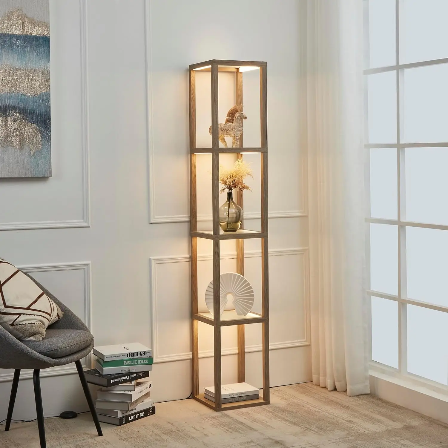 

Fantasy 66" Luxury Glass Display Shelf with Dimmable LED Floor Lamps, Sturdy Glass Shelf for Bedroom