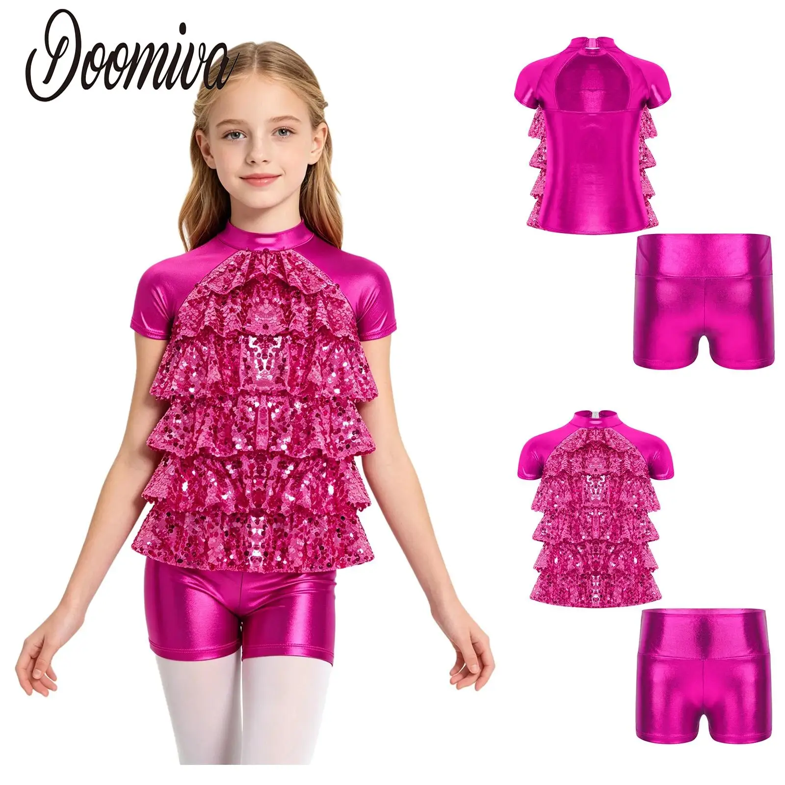 Conjunto de Ropa para Niñas, Estilo Disco, Jazz, Danza Rítmica, Gimnasia, Cuello Alto, Manga Corta, Lentejuelas, Camisa con Volantes en Capas y Pantalones Cortos