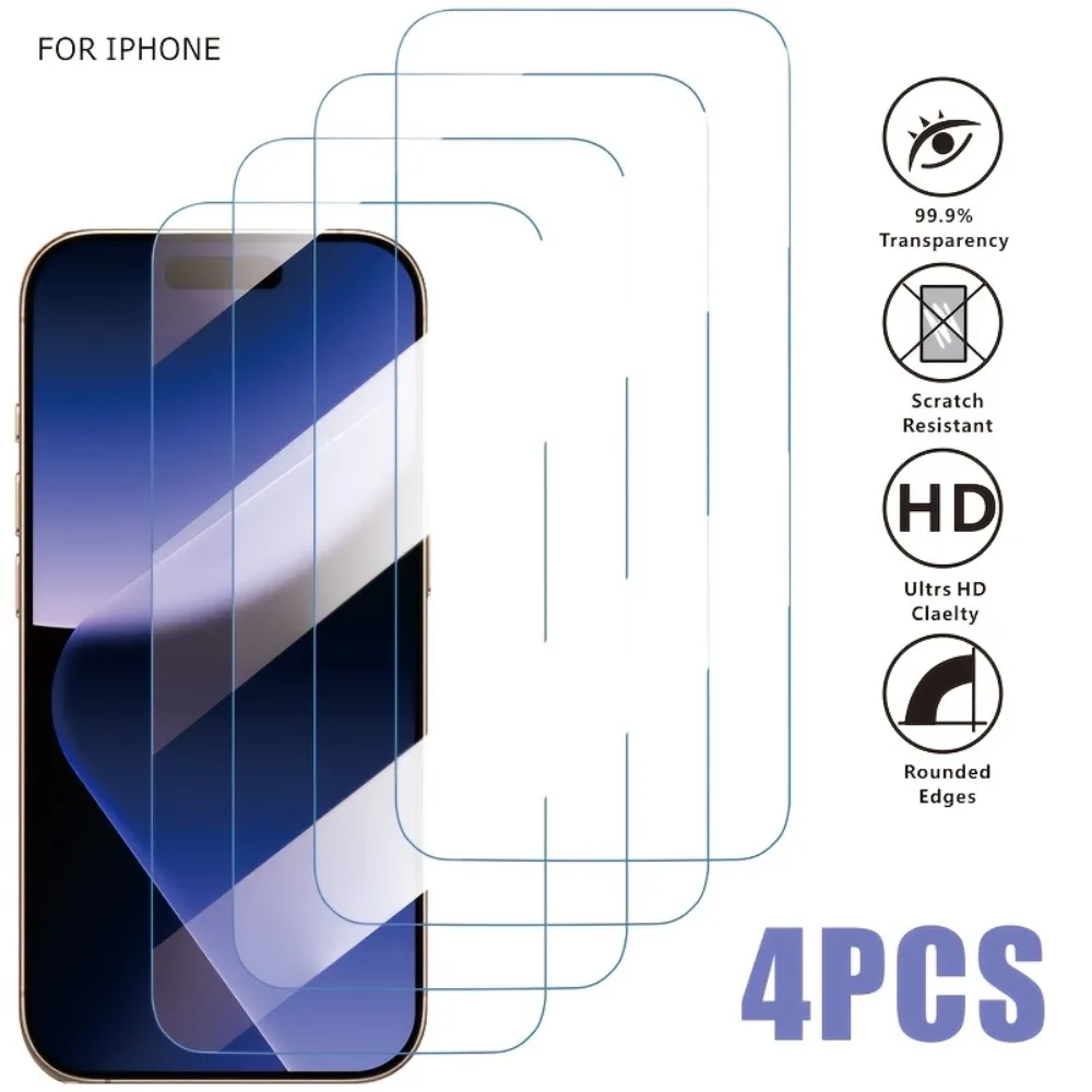 4 قطعة فيلم مقسى شفاف مناسب لهاتف آيفون 16 15 14 Pro Max 13 12 11 Pro Mini XR XS Max 7 8 Plus طبقة شاشة واقية