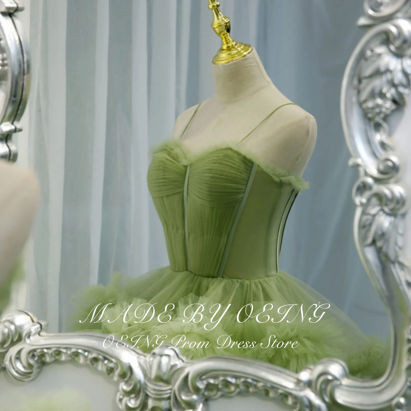 OEING-Tule Tiered Lace Up Gown, Vestidos de Baile Verde, Ruffles, A Line Gown, Fairy Lace, Evening Gown, Ocasião Especial