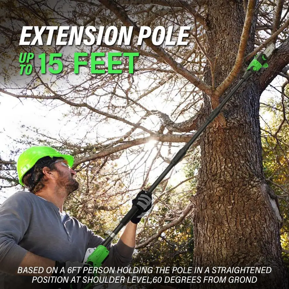 Cordless Pole Saw Tree Trimmer 8" Electric Chainsaw 15ft Reach Auto Oiling Adjustable Angle