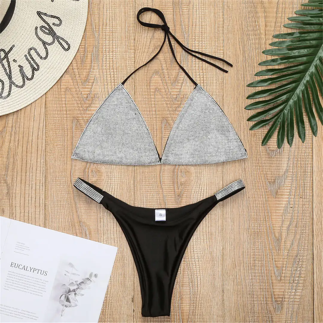Luxuriöser, glänzender, mit Strasssteinen besetzter Bikini, Damen-Badeanzug, zweiteiliges Bikini-Set, Neckholder-Badeanzug, Badebekleidung, Badeanzug, Modell V2049 – Detail 14