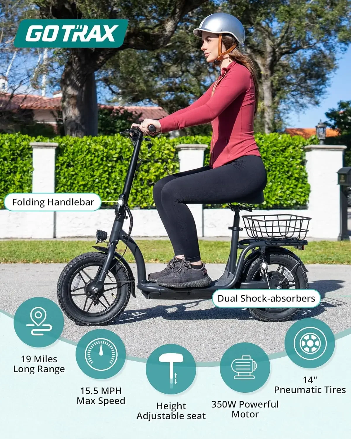 Scooter with Seat for Adult, Max 16-25miles Range, 15.5-20mph Power by 350W-500W Motor, Comfortable 14