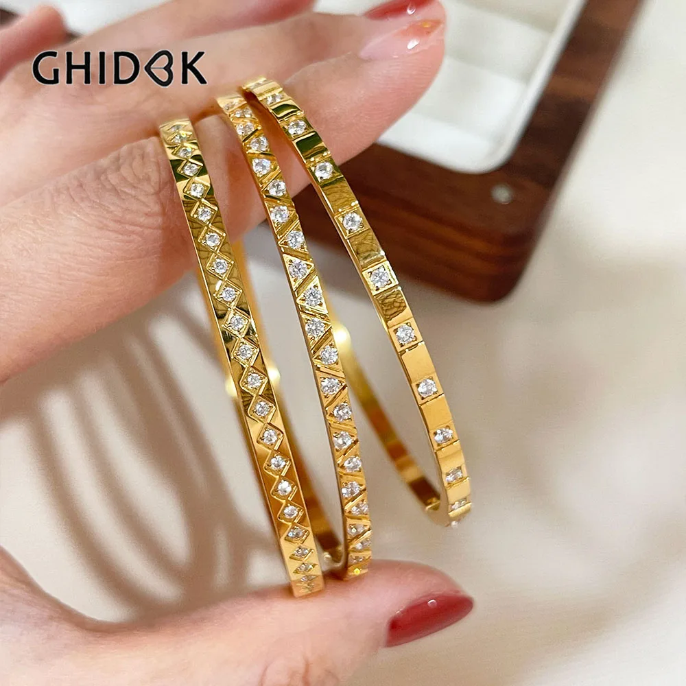 GHIDBK Water Resistant Stainless Steel 18K Pvd Gold Plated Pave Round Zircon Stackable Wrist Bangle Bracelets Women Fashion gift