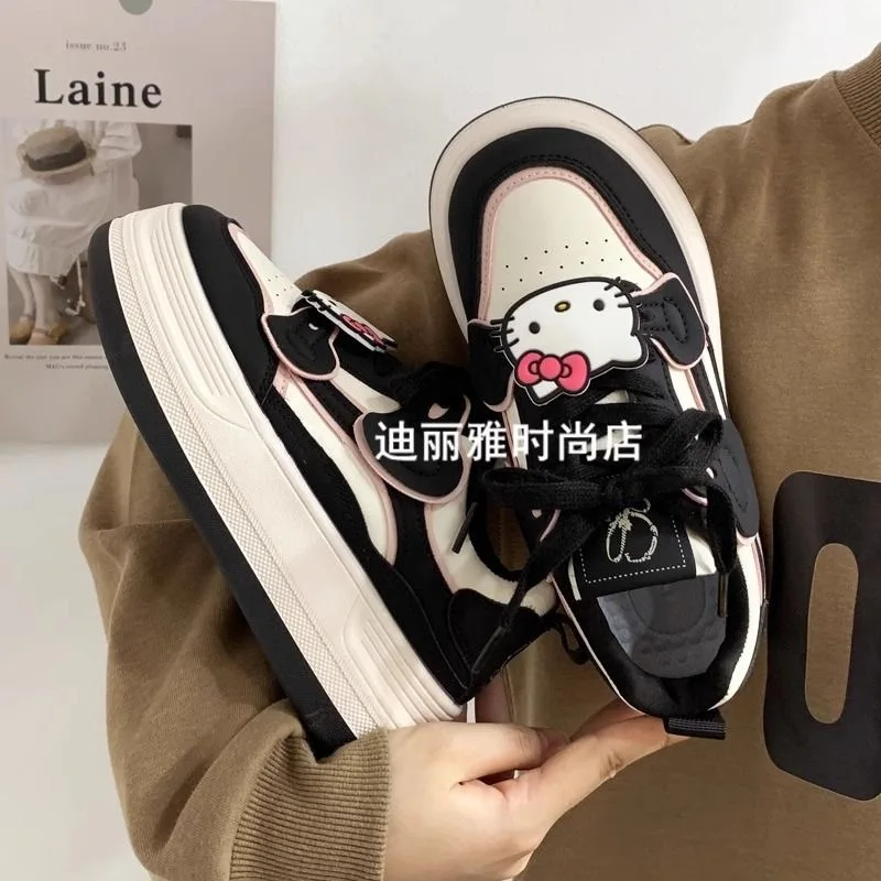 Original Spring Autumn Black Hello Kitty Sneakers Women Harajuku Kawaii Students Platform Shoe Versatile Casual Skateboard Shoes