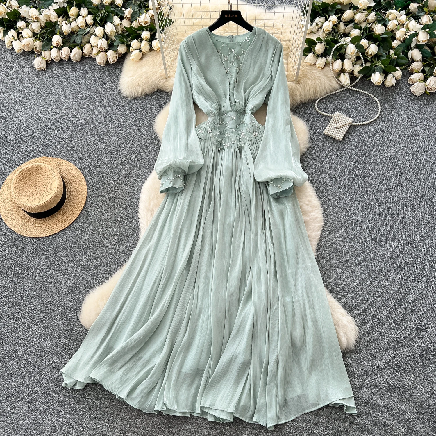 세련된 빈티지 긴 소매 오-넥 우아한 요정 한국 패션 Boho Sundress Beach 여성 의류