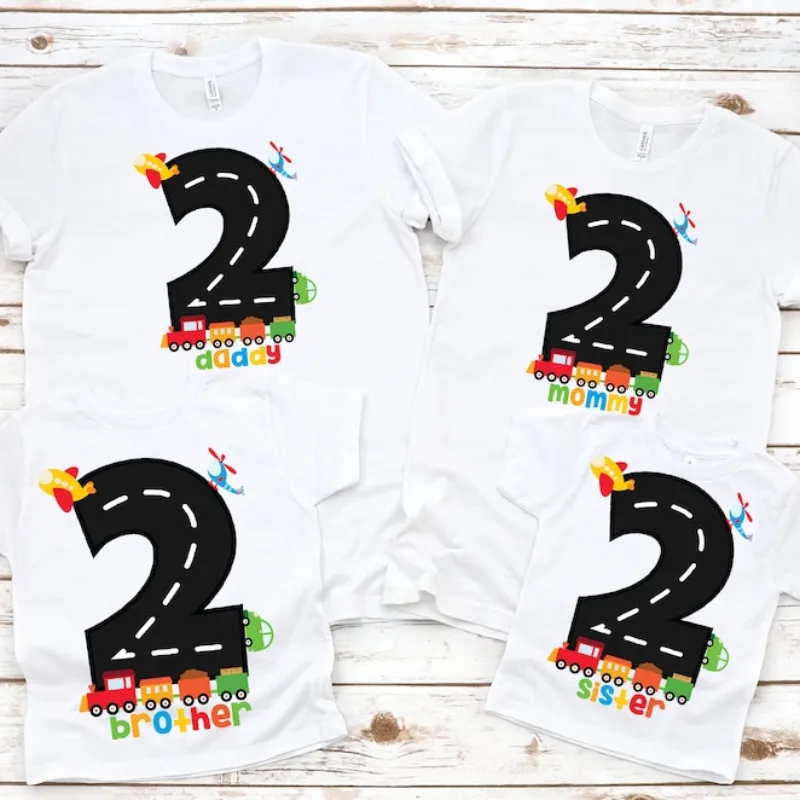 Family Transportation Birthday Boy T-shirt 2nd Birthday Shirt Plane Train and Automobile Print Family Matching Clothes Party Tee