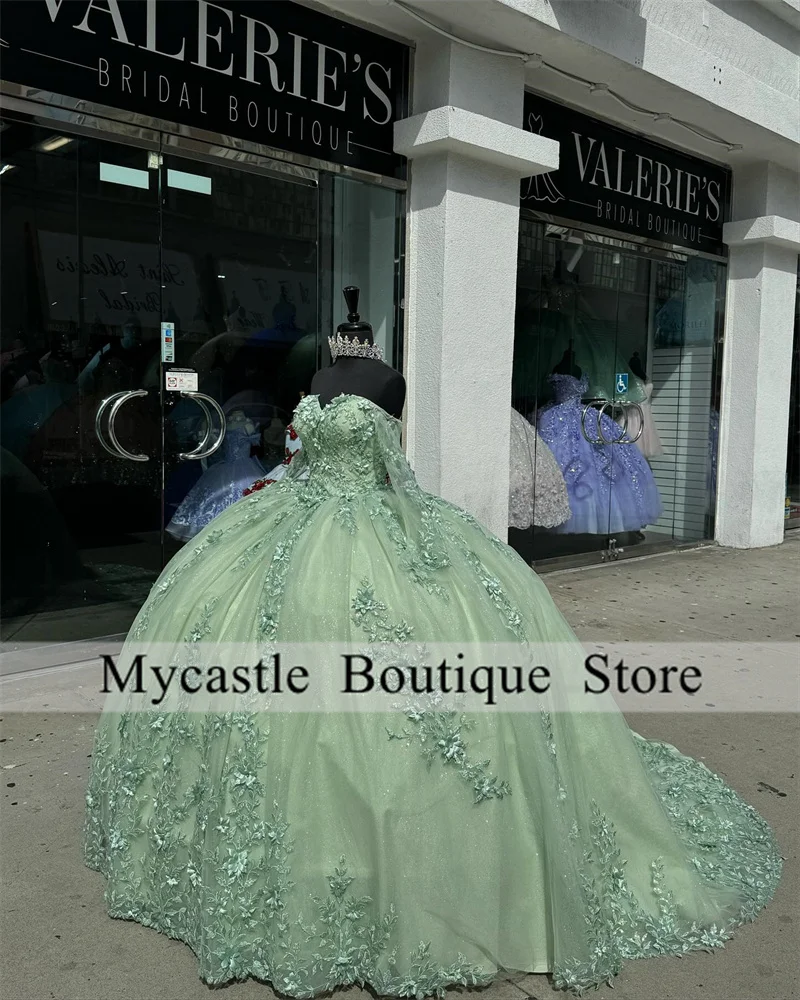 Green Lace Quinceanera Dresses Ball Gown 2024 With Long Sleeve Appliques Beads Sweet 15 Dress Lace-Up Vestido De 15 Anos