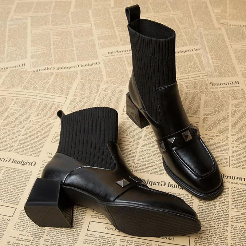 Women Elastic Sock Boots Boots Female Autumn Winter 2024 New Square Toe Short Boots Slip-On Fashion Ankle Boots Botas De Mujer