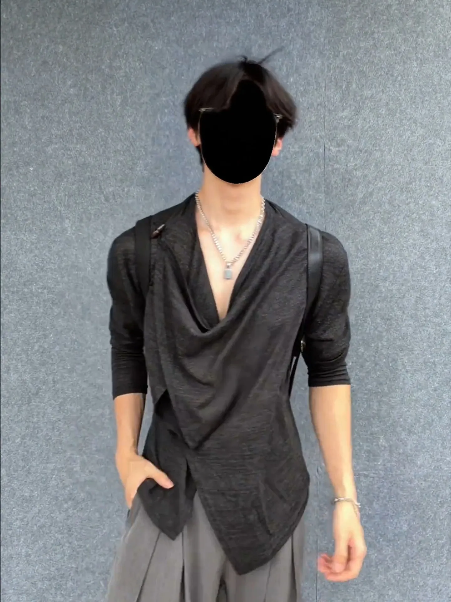 Black Long Sleeve T-Shirt Men's Style Summer Breathable Sun Protection Collar Stack Design Casual Knitted Loose Fit Teenager