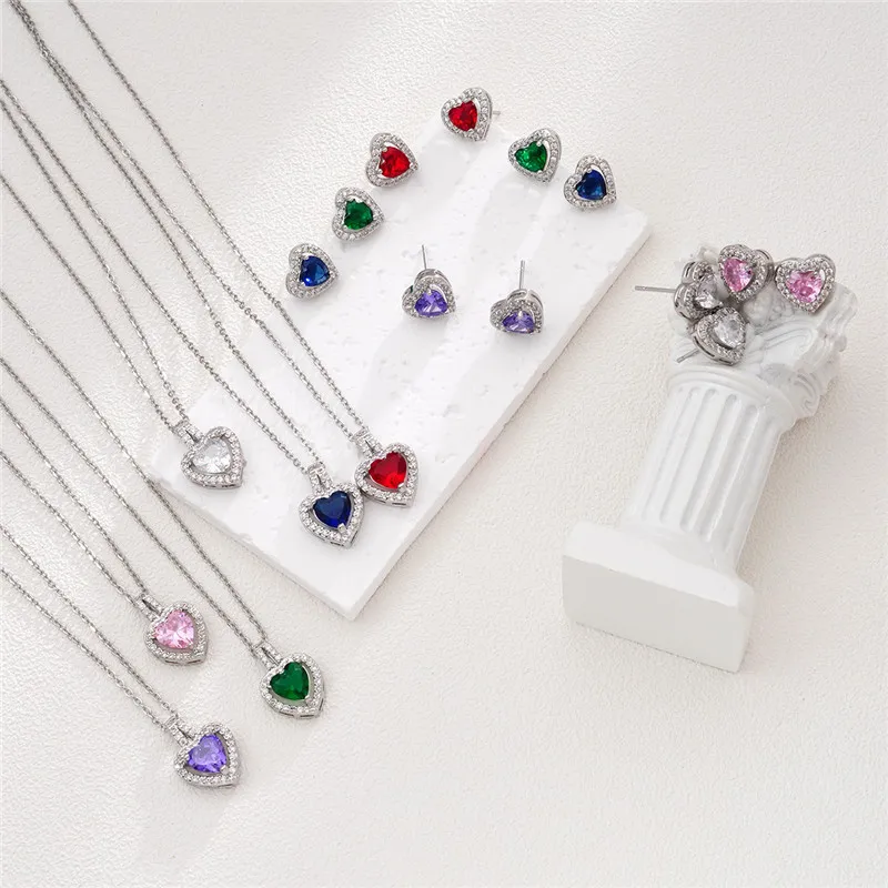 High Grade Heart Zircon Jewelry Sets Stainless Steel Chains Cute Geometric Pendant Necklace Earrings Gifts For Women Girls