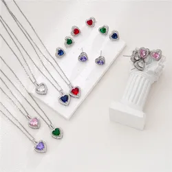 High Grade Heart Zircon Jewelry Sets Stainless Steel Chains Cute Geometric Pendant Necklace Earrings Gifts For Women Girls
