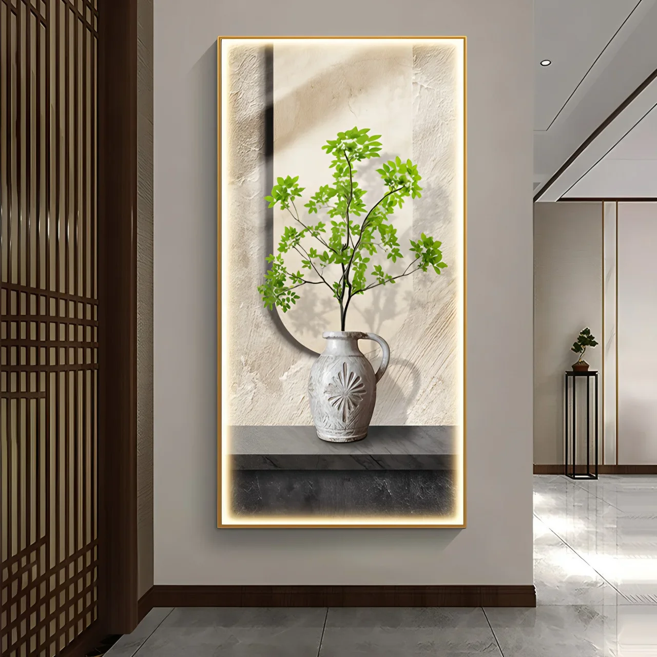 Small fresh green plants entering the house Entrance lamp painting Decorative painting Modern simple corridor Aisle staircase