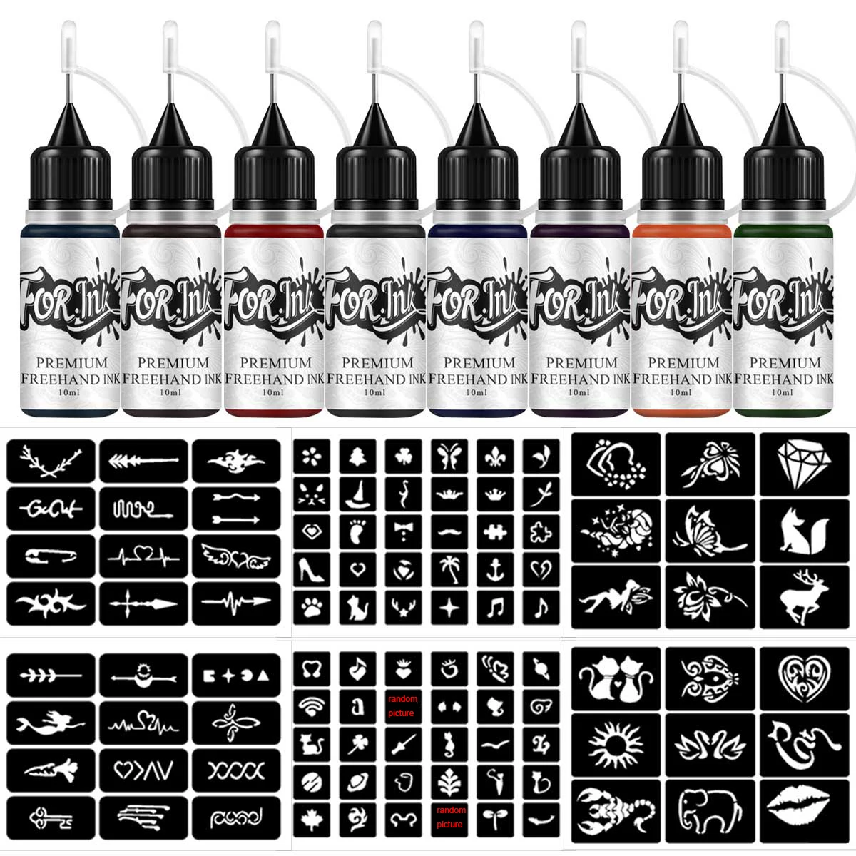 

8 бутылок разноцветного сока, набор для полупостоянной татуировки своими руками, долговечный временный водонепроницаемый с 6 полыми трафаретами для творческого боди-арта на Хэллоуин, музыку, рождественских карнавала, праздников и особых случаев Qh-Z-A8005