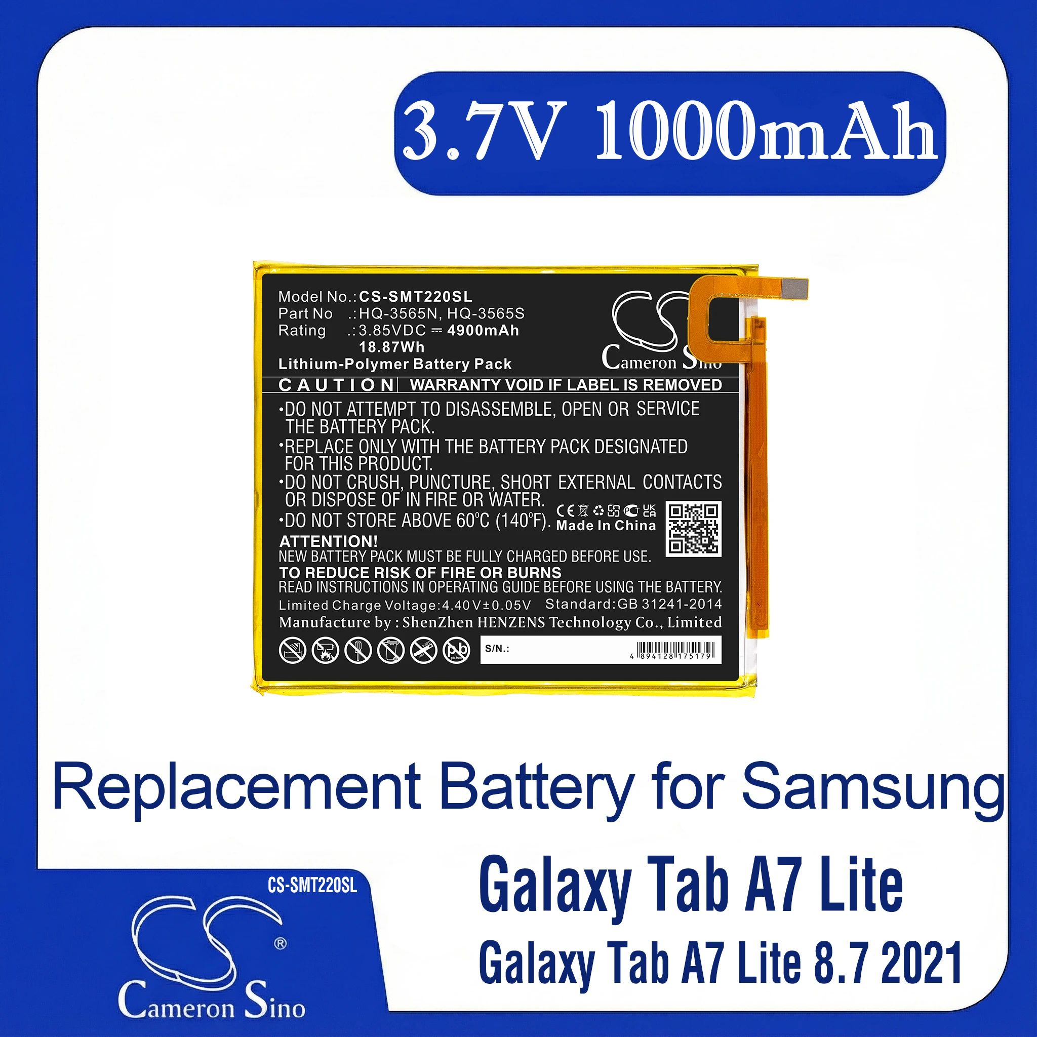 

Cameron Sino Replacement Battery for Sammsung Galaxy Tab A7 Lite, Galaxy Tab A7 Lite 8.7 2021,Fits P/N HQ-3565N,HQ-3565S,HQ-67