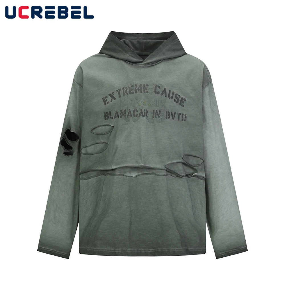

Ripped Letter Print Hooded T-shirt Mens Autumn Retro Distressed High Street Loose Cotton Long Sleeve Tshirt Man Tee