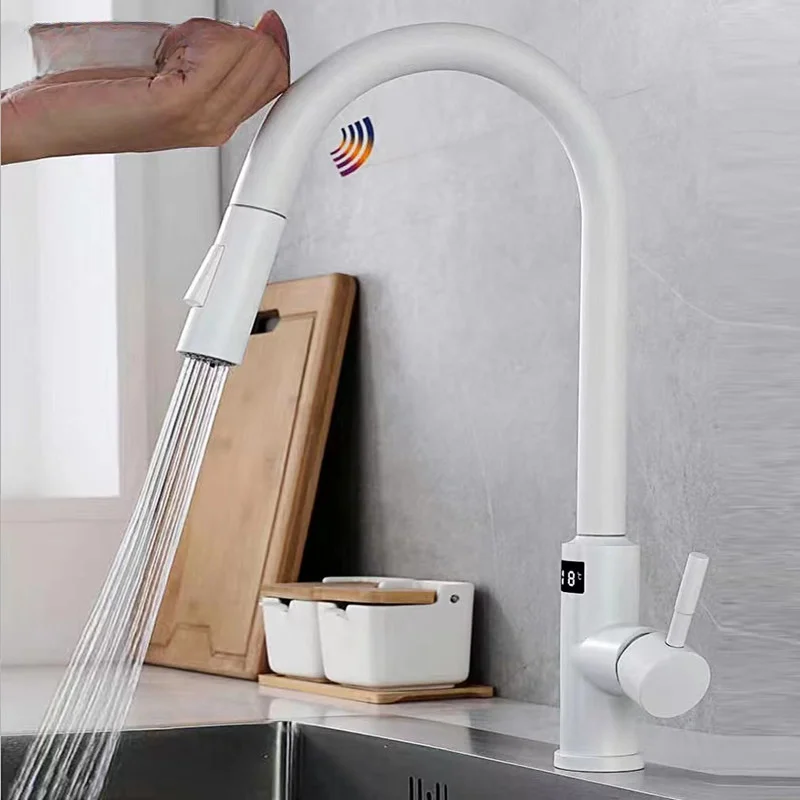 

White Touch Digital Kitchen Faucet LED Screen Hot Cold Pull Out Kitchen Sink Mixer Tap Smart Sensitive Touch Kitchen Faucets