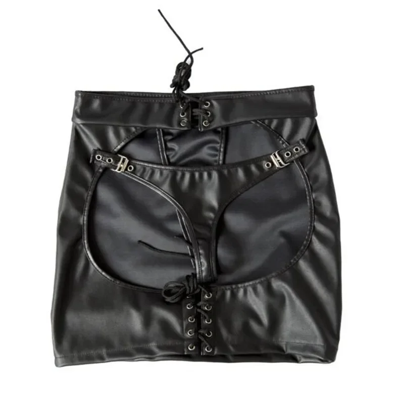 

Women Sexy Black PVC Faux Leather Mini Skirt & G-String Night Field DS Stage Show Bandage Skirts