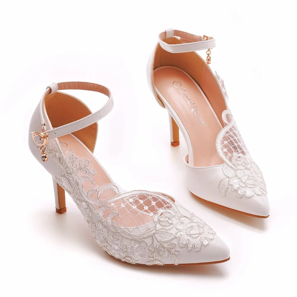 Pointed Toe Sexy Mid Heels Sandals Women Pumps Party Lace PU 7.8CM Thin Heels Office Work Shoes  Evening Dress Woman Shoes White