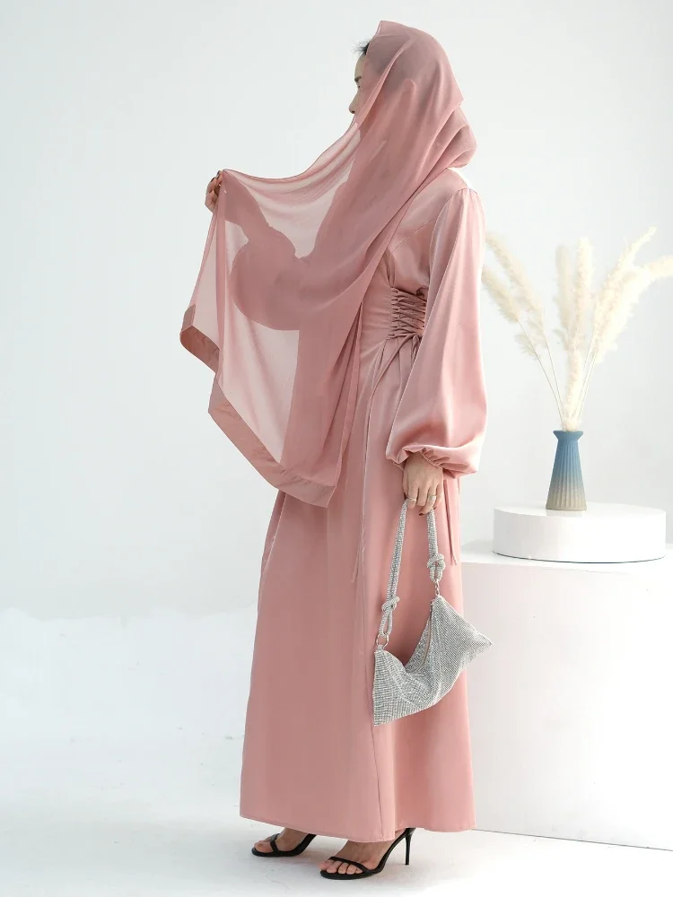 Robe longue en satin à col roulé pour femmes musulmanes, robes de soirée marocaines ajustées, robe à lacets pour Ramadan, robe éducative, robe arabe