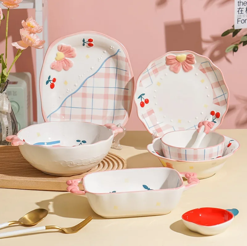 

Японская милая вишневая керамическая миска для супа с двойным ухом, десертная тарелка с фруктами, бытовая посуда