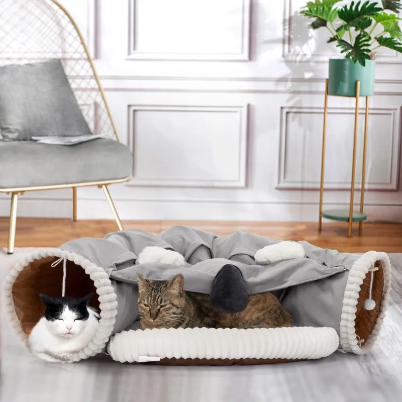 

Collapsible Cat Tunnel Bed For Indoor Cats, Washable Cat Hide Tunnel With Hanging Toys And Cushion Mat, Gray