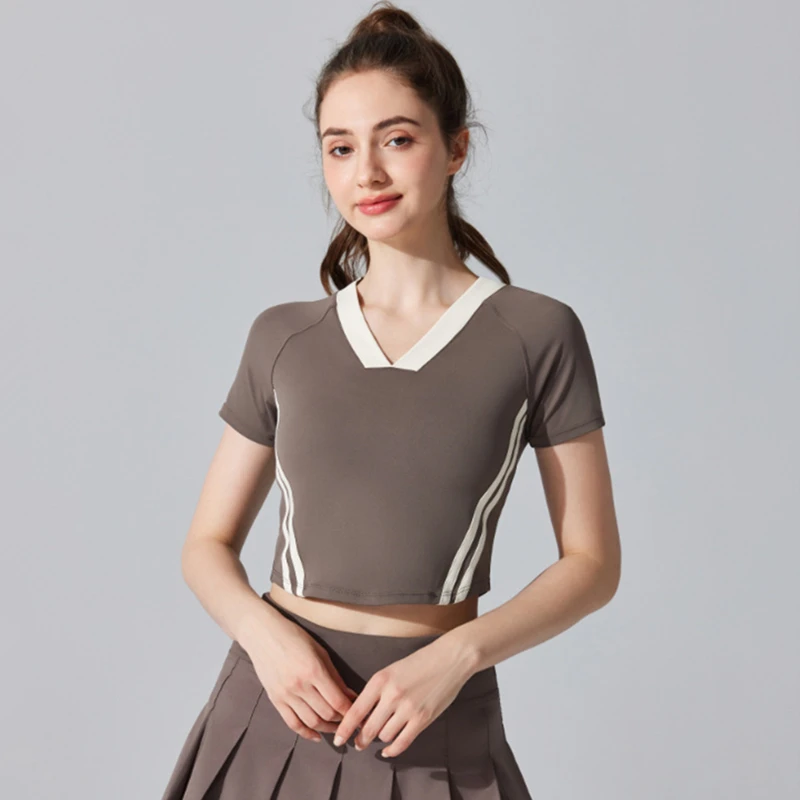 

Women Yoga Shirts Short Sleeves Sport T-Shirts Slim Badminton Tennis Shirts V-Neck Running Tops Quick Dry Gym Fitness Tee Blouse