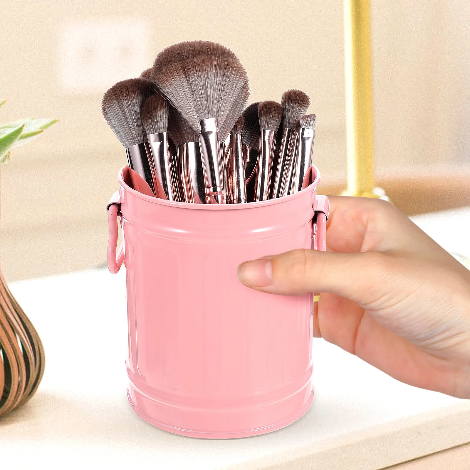 Desk Trash Can Iron Pencil Holder Makeup Brush Container Office Bedroom Kitchen Waste Bucket Large Capacity Multi Purpose