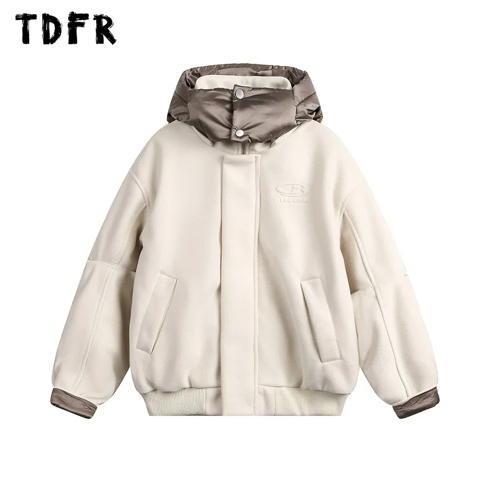 Letter Spliced Quilted Jacket Mens Removable Hat Streetwear Winter Long Sleeve Thick Outerwear Men