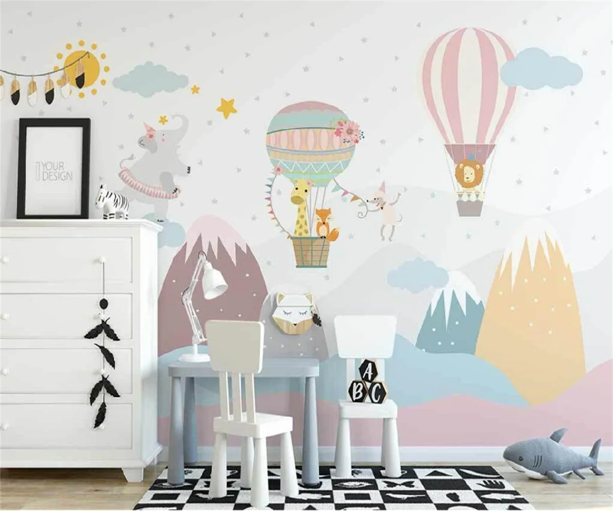 

Customize the new Nordic hand-painted Hot air balloon of any size animal children's room background wallpaper papel de parede