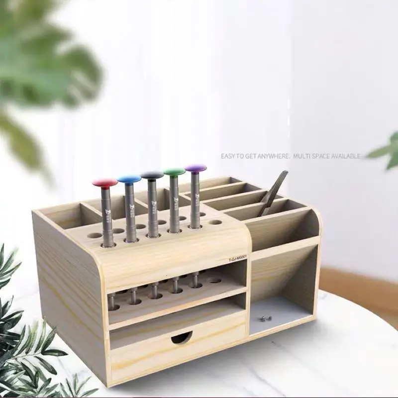 Wooden Tools Storage Box Holder Hobbies Tool Organizer with Small Drawer and Magnetic Layer, Multifunctional for Repair Tools