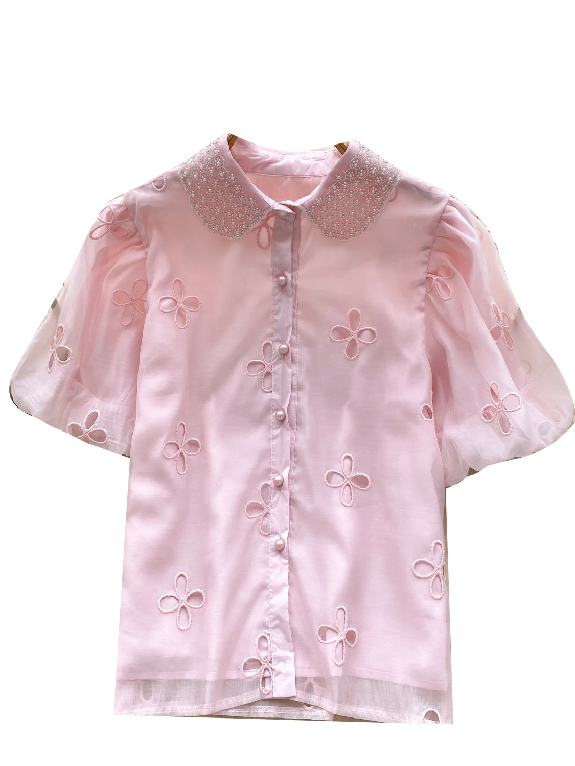 

Sweet Embroidered Doll Collar Bubble Sve Hollow out irt Women's Summer Faionable Versatile Gentle Sle Top