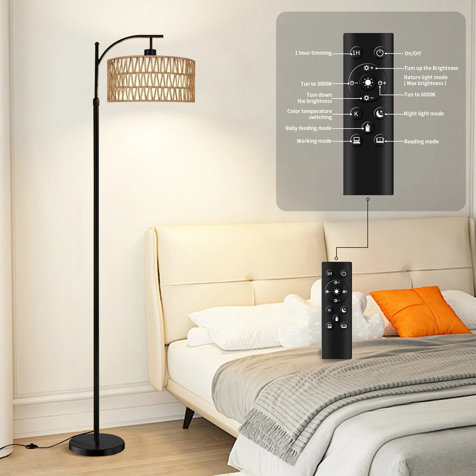 Arc Floor Lamp for Living Room Boho Standing Lamp with Rattan & Fabric Shades with 3 Color Temperature  Adjustable Tall Lamp