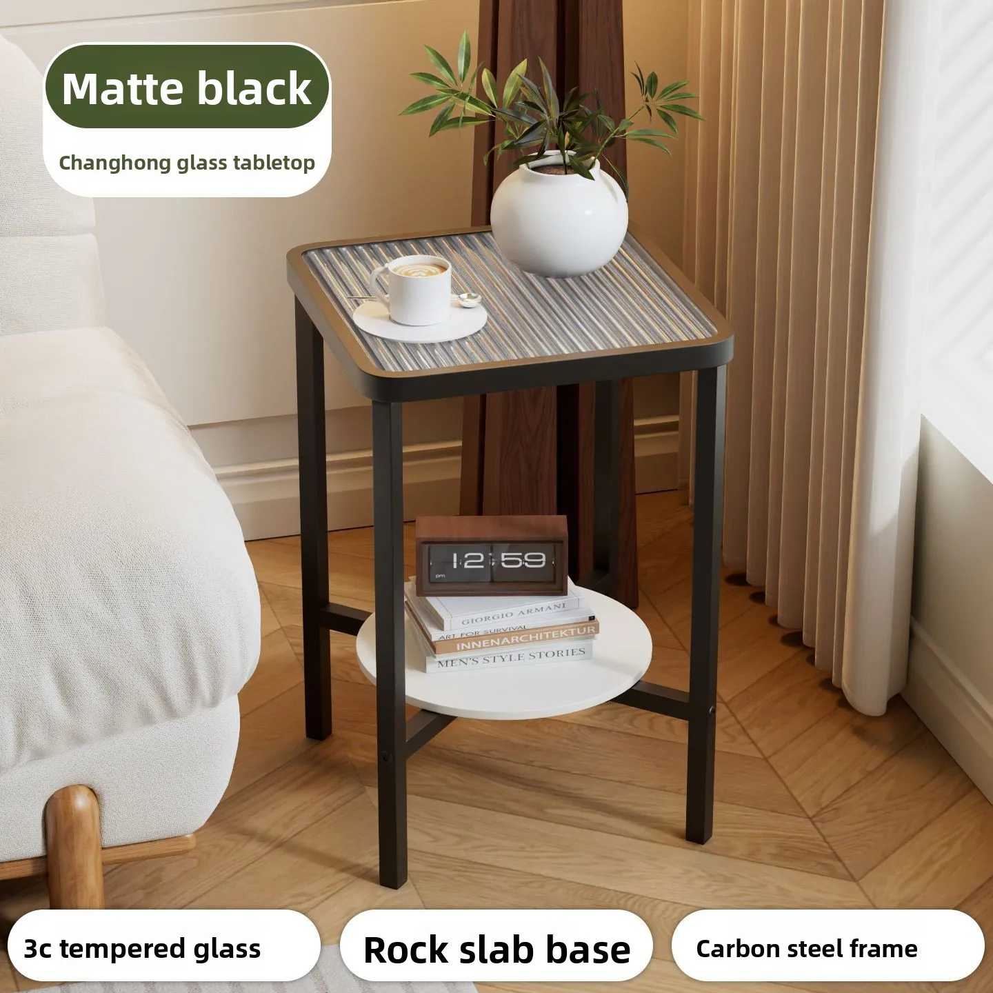 

Современный минималистичный двусторонний приставной столик с темно-коричневой стеклянной столешницей, маленький кофейный столик для декора черно-белой гостиной
