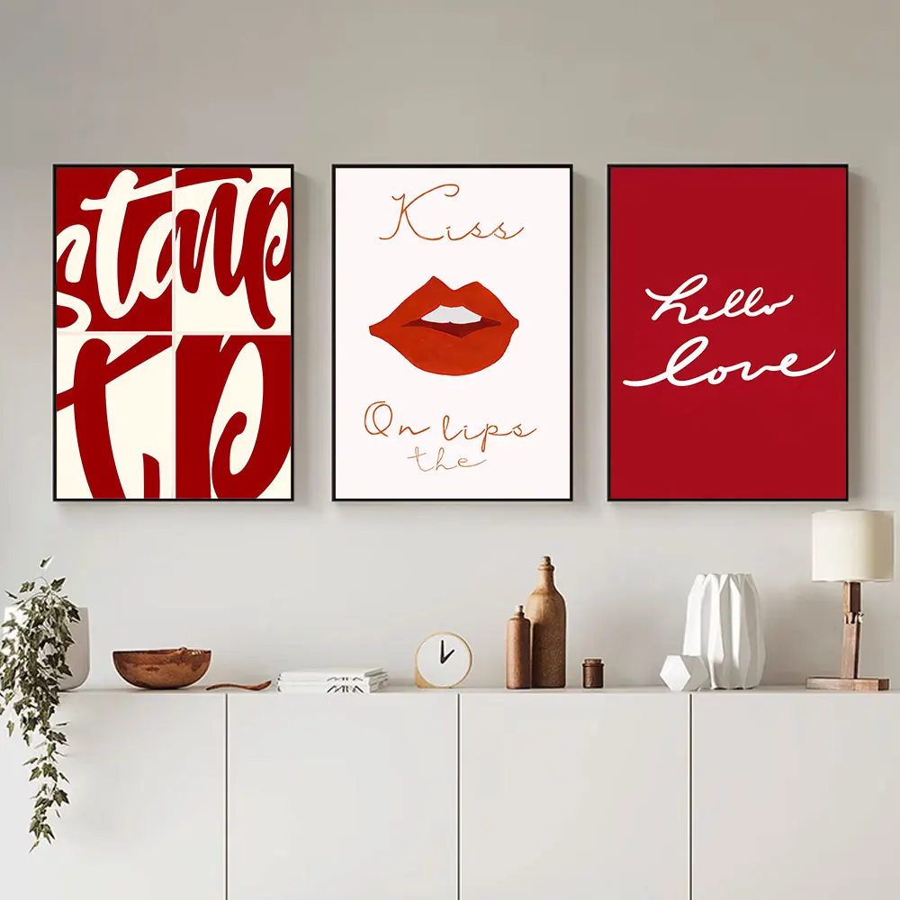 Canvas Print Painting Poster Red And White Letter Lip Modern Art Living Room Bedroom Porch Sofa Background Home Wall Decoration