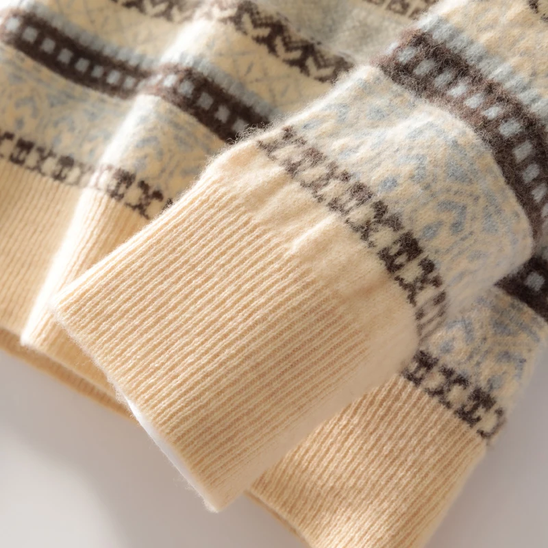 Vintage Men Autumn Winter Sweater Basic 100% Merino Wool Sweater Pullover Thick Classic O-Neck Clothing Striped Jacquard Knitted - Image 4