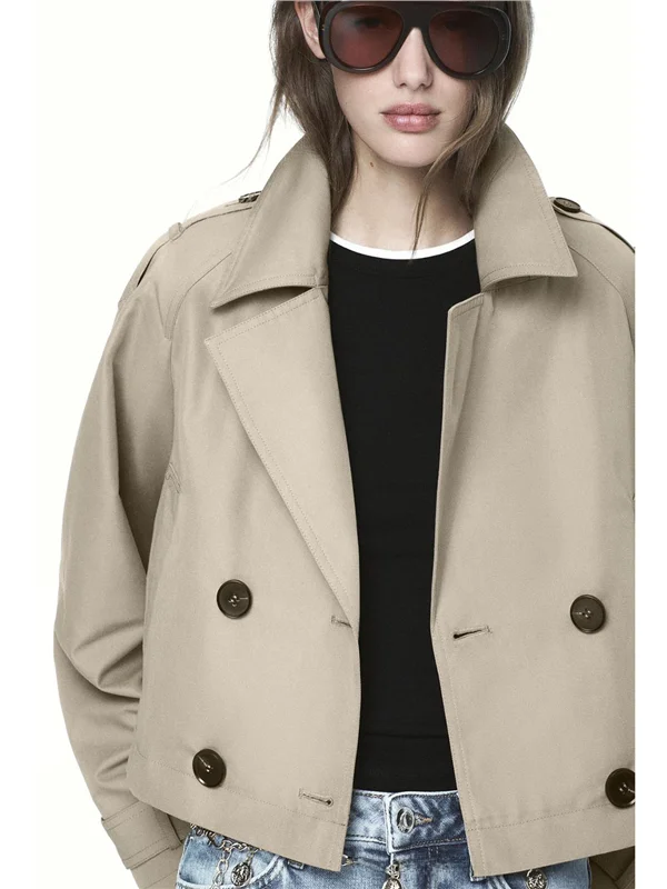 Abrigo Corto Estilo Francés con Botones, Manga Larga, Bolsillos y Cuello Deco, Cortavientos para Mujer, Corte Recto