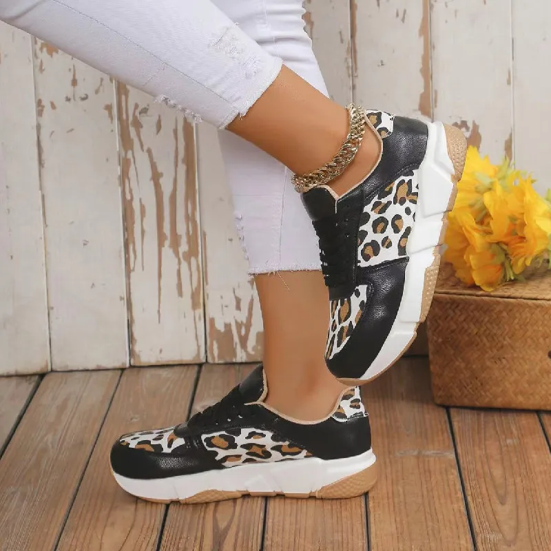 Women Casual Sneakers Women Autumn New Casual Leopard Round Toe Lace-Up Running Shoes Platform Vulcanized Shoes Plus Size 43