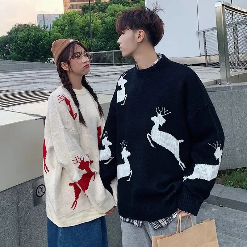 2024-2025 Trendy Couple Matching Sweater Loose-Fit Forest Green Christmas Outerwear Crew Neck Casual Style