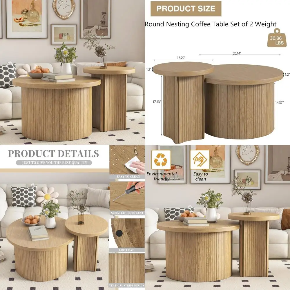 

Farmhouse Style Round Wood Coffee Table Set for Living Room, Perfect with Sofa, Small Tables Included