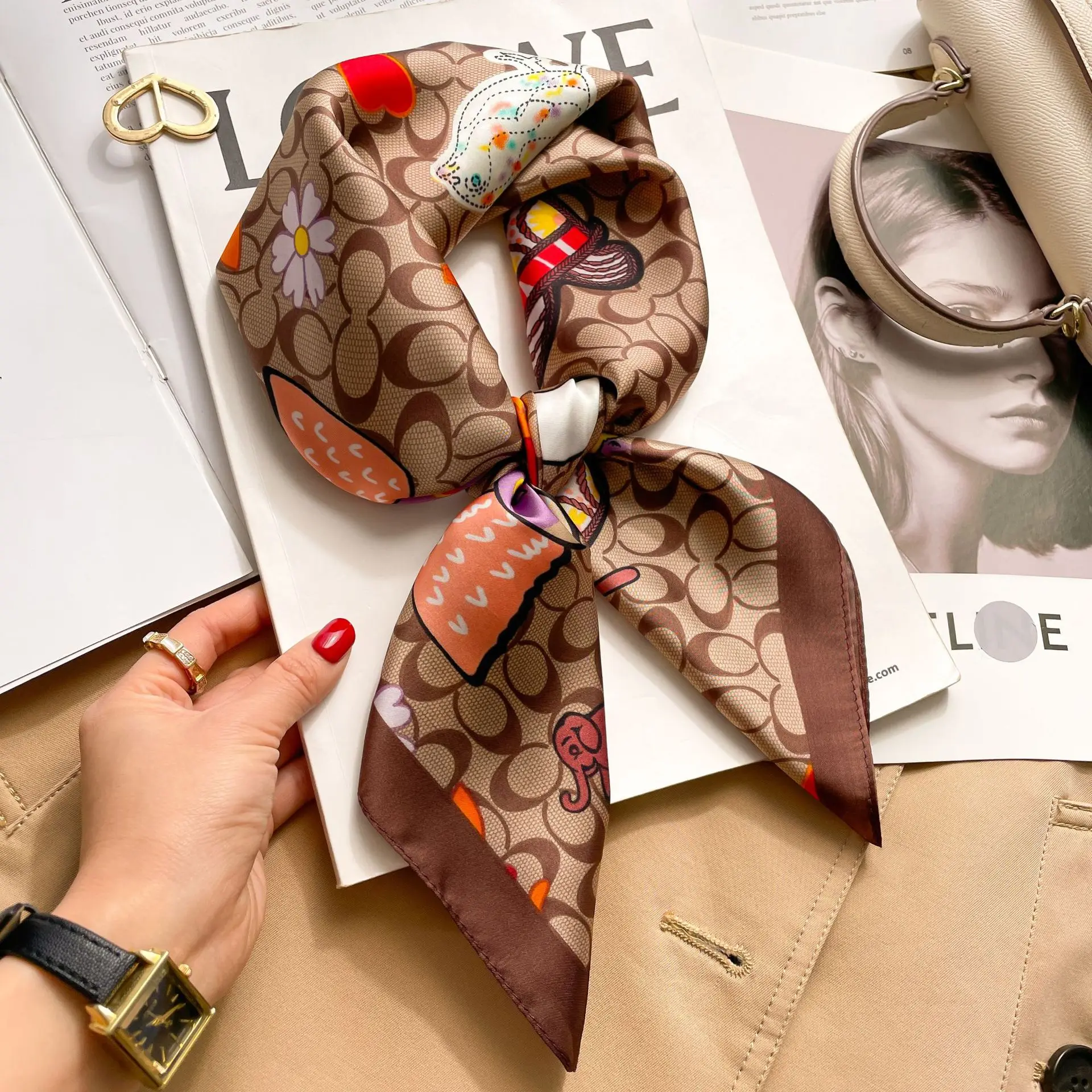 Foulard carré en soie pour femmes, Foulard de luxe imprimé Floral, bandeau en Satin doux, sac pour les mains, ruban, Hijab, bandeau