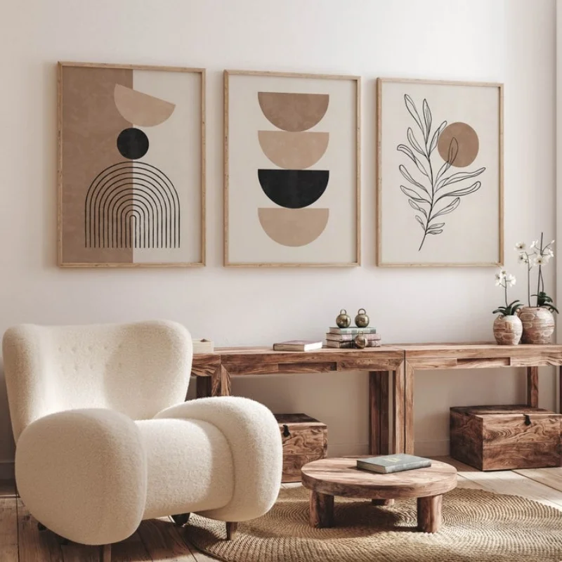 3PCS frameless decorative art print,3Pcs Neutral Beige Black Line Art Arch Geometric Canvas Print Mid-Century Modern Bohemian Fl