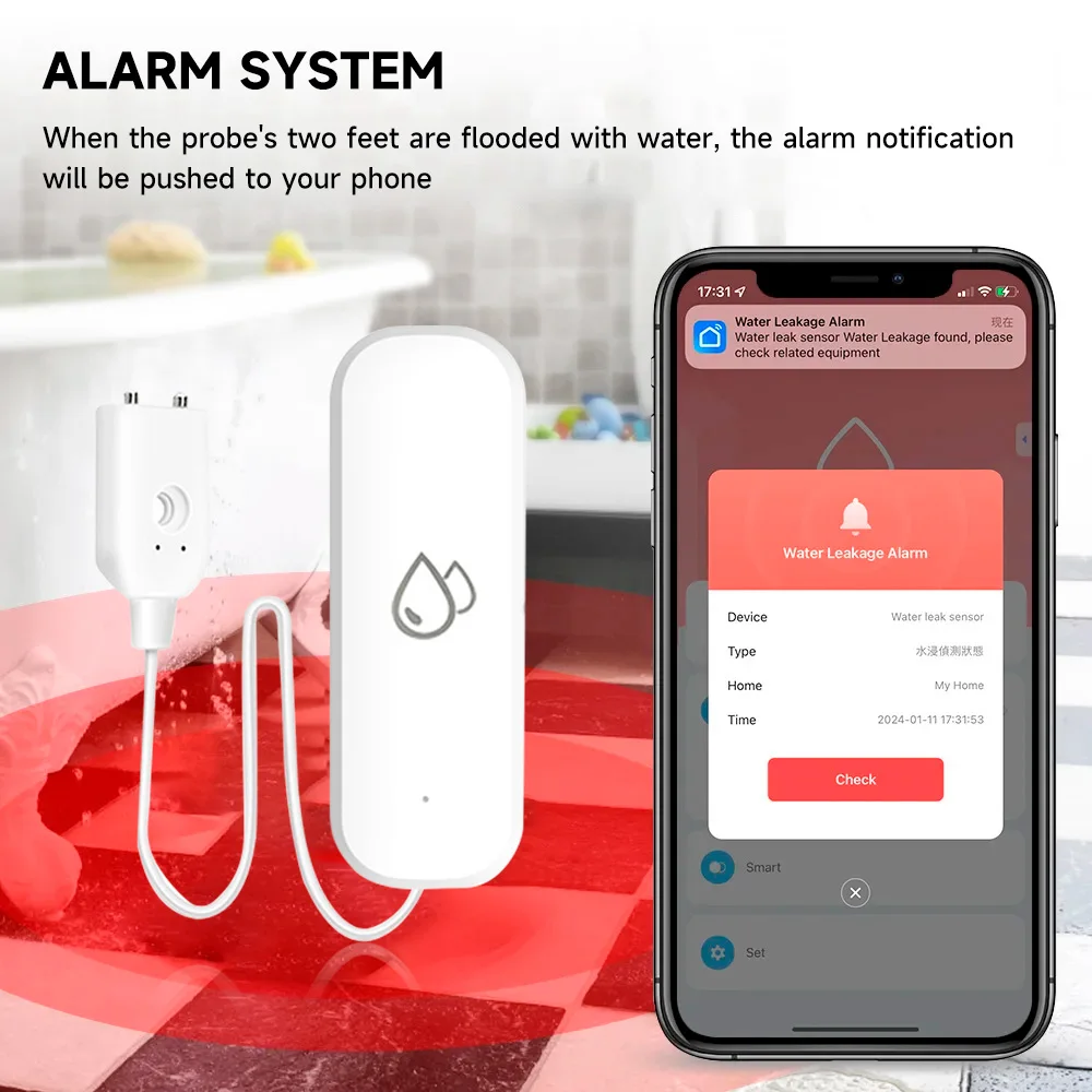 Tuya-Alarme Sensor de Água Vazamento, Detector de Inundação Vazamento, Smart Home App, Controle Remoto, Home Security Protection, Wi-Fi, ZigBee