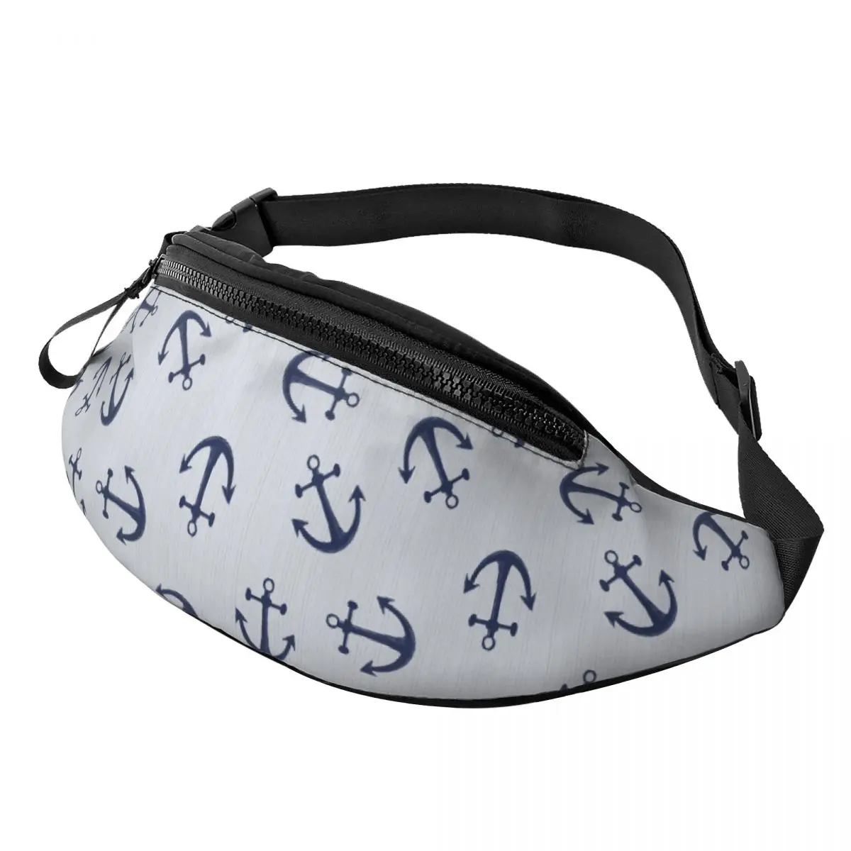 

Maritime Pattern Of Blue Anchors On Light Gray Waist Bag for Women Men Crossbody Fanny Pack Running Phone Money Pouch