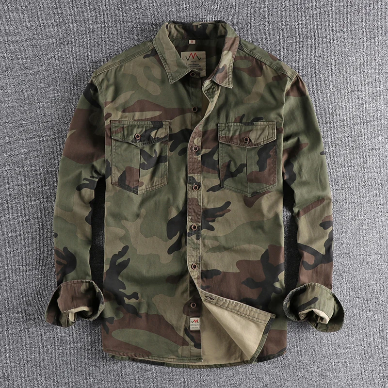 Camisa de manga larga para hombre, ropa de trabajo estilo n de camuflaje, con bolsillos dobles, informal, militar, juvenil