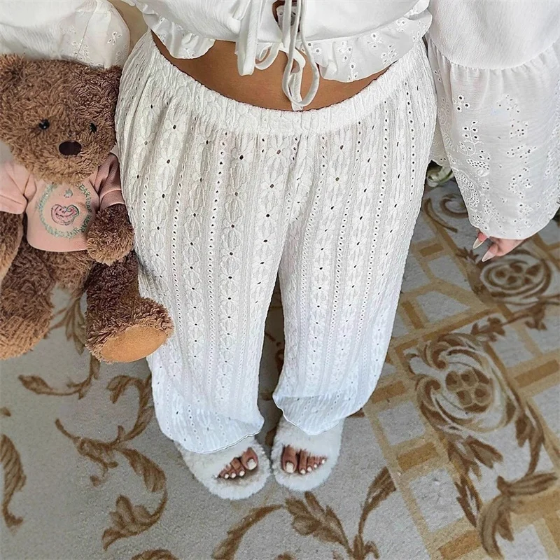 Casual bloemenborduurwerk lange broek hoge taille elastische taille polyestervezel dames herfstbroek rechte pijpen wijde pijpen