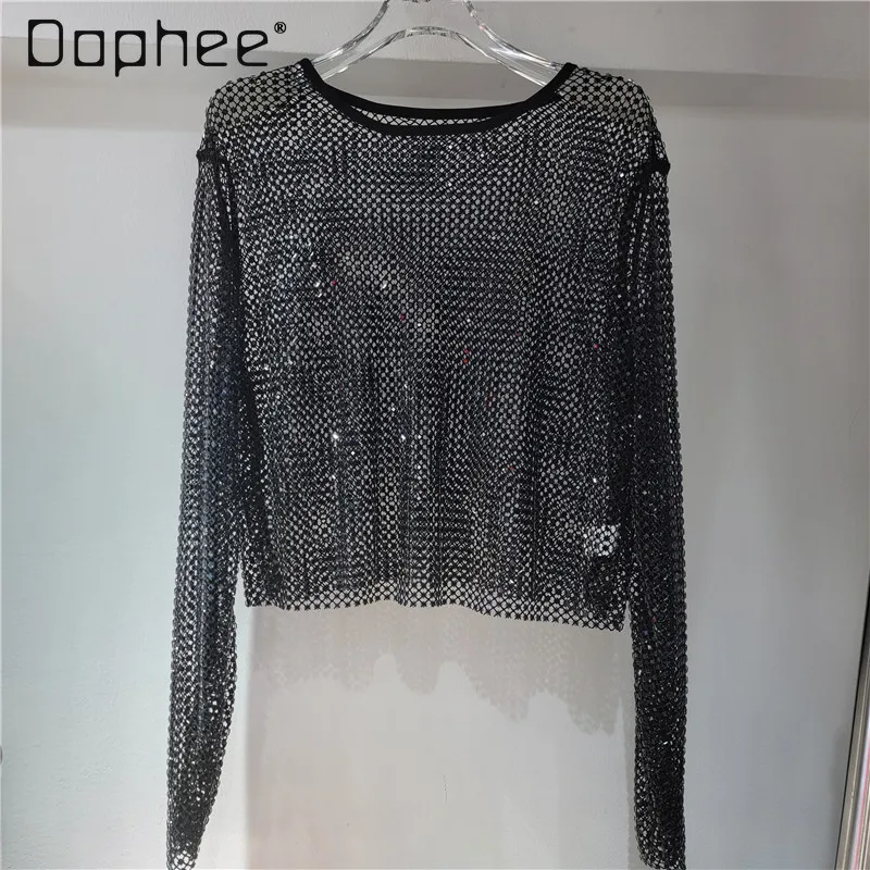 Top de manga larga con cuello redondo y cuentas de diamantes de imitación de gama alta de lujo, ropa interior de estilo de hadas, camisa Base calada brillante, Top Sexy único