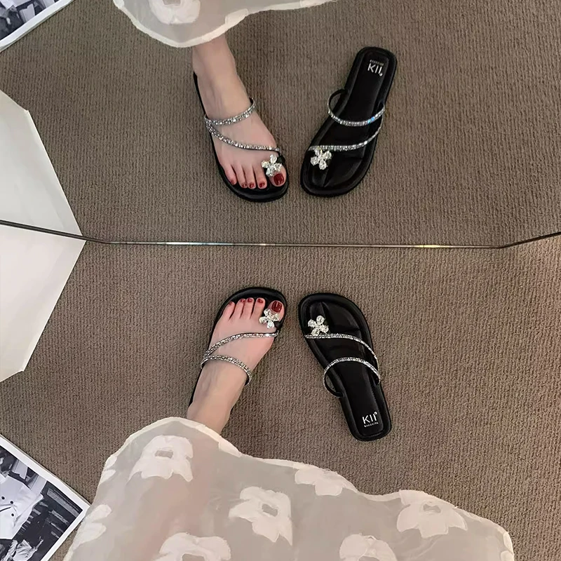 

Silver Sparkling Water Diamond Fairy Style Slippers Open Toe Women's Outdoor Wearable Flat Heel Anti-Slip Summer Slippers